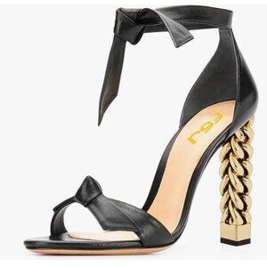 FSJ Black Knots Gold Metal Chain Chunky High Heels Ankle Strap Open Toe Sandals